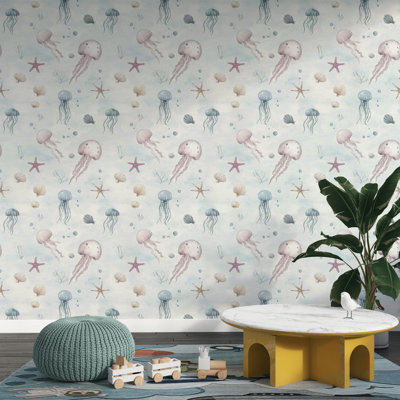 Undersea Jellyfish Wallpaper Peel and Stick | Pastel Ocean Nursery Decor
