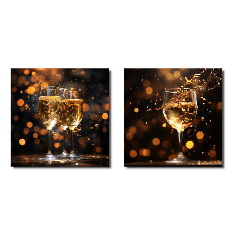 Champagne céleste - ensemble de 2 collages carrés cocktail, H 30 po x l 61 po, Toile tendue