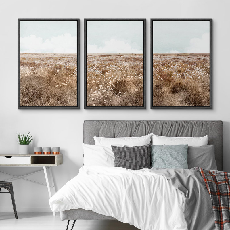 " Wildflower Field Rustic Illustrations Modern Art Decor Living Room Bedroom Office " 3 - Pieces, Black, 24" H x 16" W