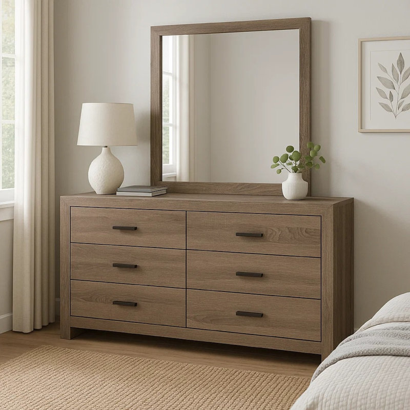 Commode 6 tiroirs avec miroir, Chêne baril