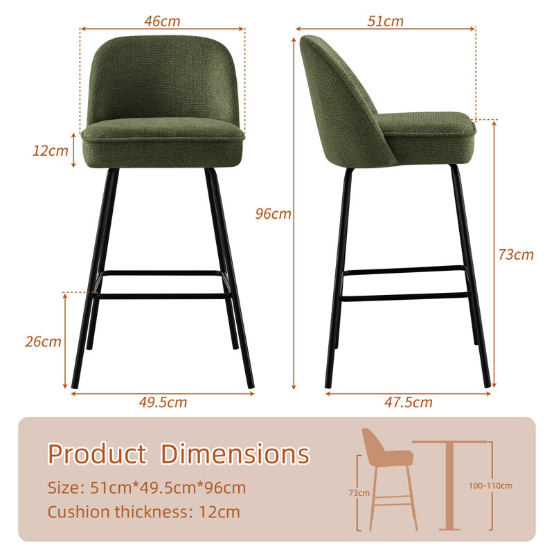 Fabric Upholstered Bar Stools with Spring and Footrest, Green