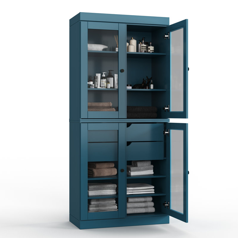 Armoire de rangement autoportante en bois massif l 32 po x H 71,5 po avec portes en verre transparent, 2 tiroirs et tablettes réglables - Organisateur de salle de bain moderne
