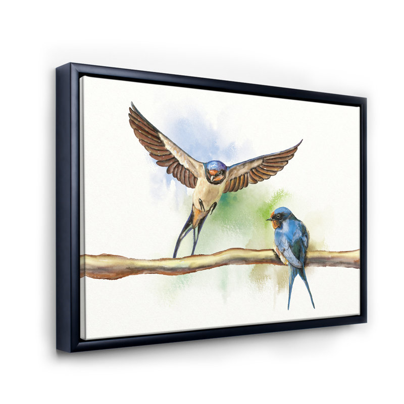 Deux granges, hirondelles - peinture sur toile, H 24 po x l 32 po x P 1 po, Cadre noir