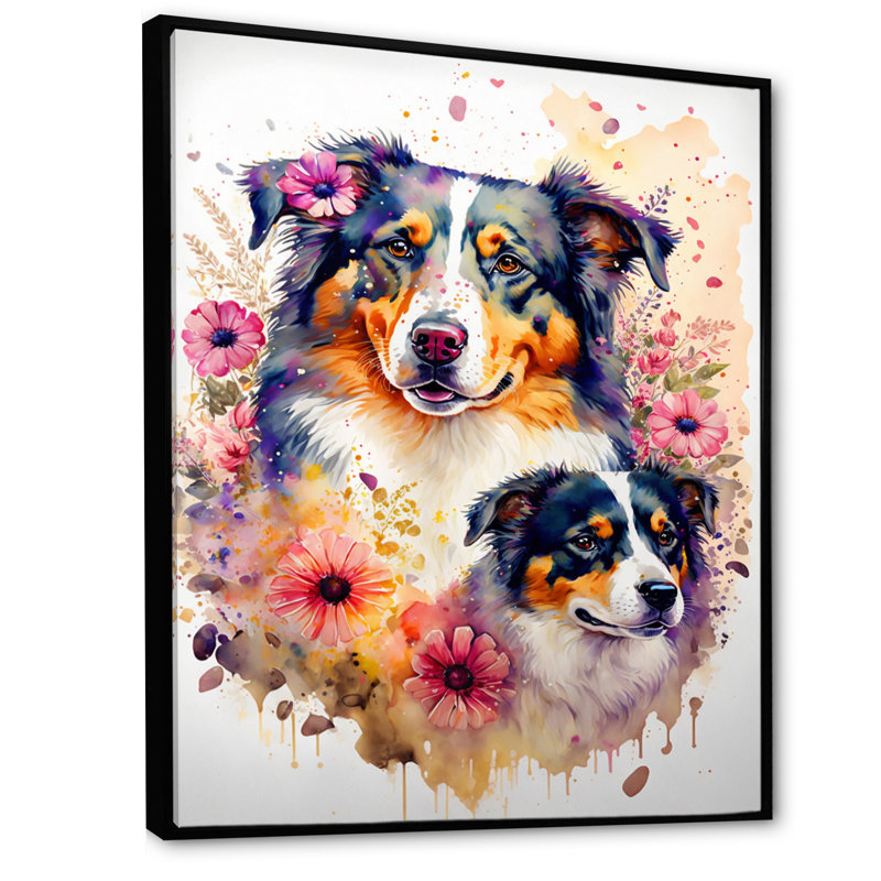 Mignon berger australien floral I - Peinture sur toile, H 40 po x l 30 po x P 1,5 po, Cadre flottant noir