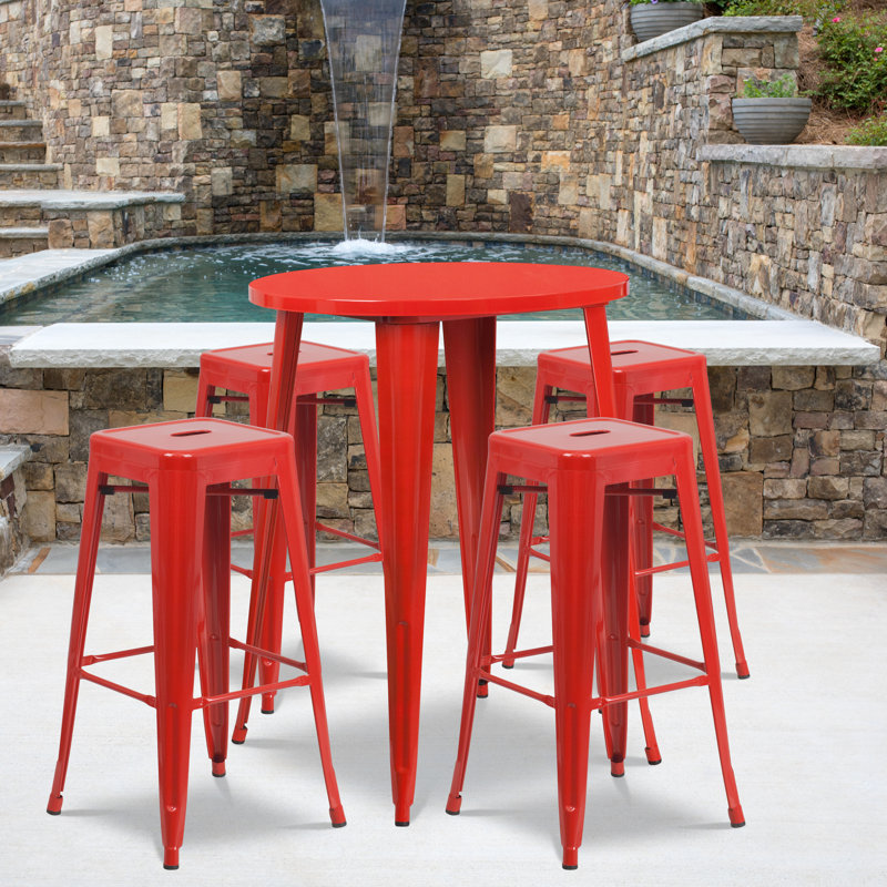 Ensemble de tables de bar rondes intérieur / extérieur en métal 30 po avec 4 tabourets sans dossier Colbert, Rouge