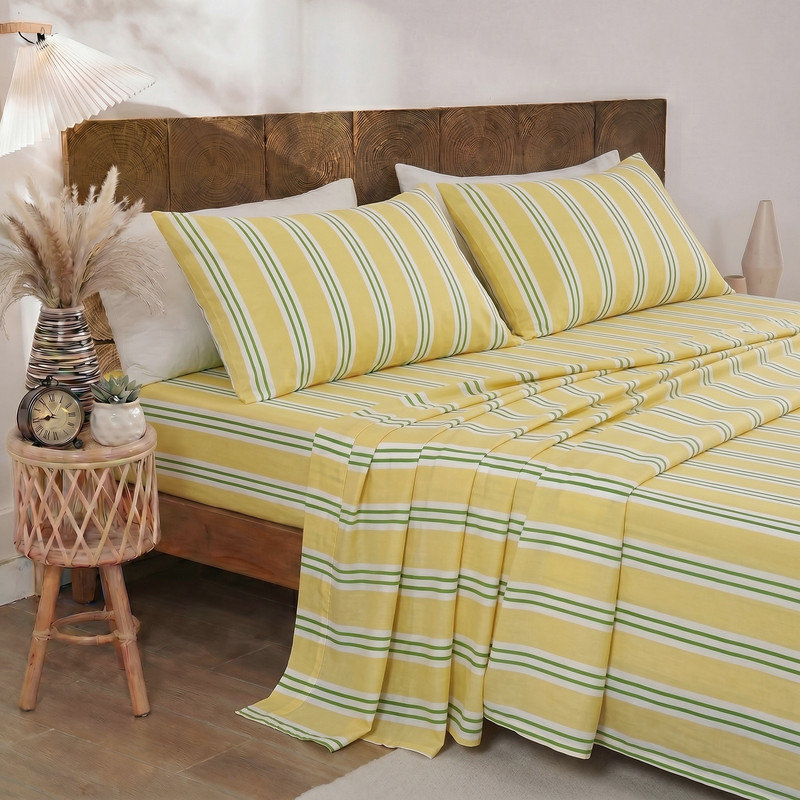 Ensemble de draps 100% coton, literie à rayures jaunes et vertes, tissage percale doux et respirant, minimaliste moderne, aspect lin luxueux, drap-housse à poche profonde de 17,5 po
