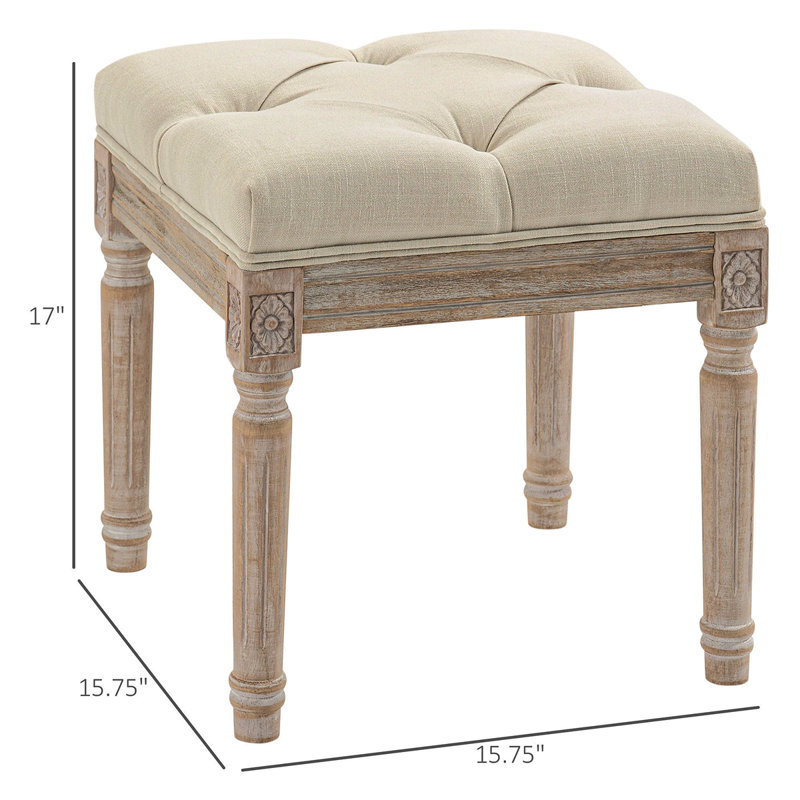 HOMCOM 16" Vintage Ottoman, Tufted Foot Stool With Upholstered Seat, Rustic Wood Legs For Bedroom, Living Room, Beige