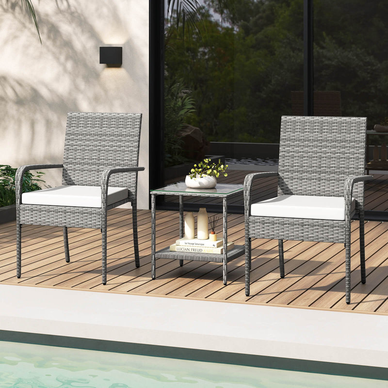 Ensemble de 3 meubles de patio avec coussins de siège et plateau de table en verre trempé gris et blanc, Blanc