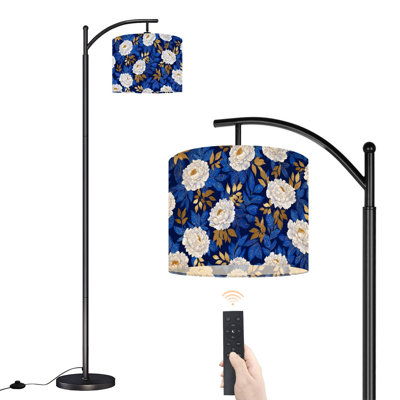 Lampe sur pied à arc floral avec abat-jour réglable Pivoines romantiques en or blanc Feuilles bleu royal à conception superposée 3 températures de couleur à haut gradateur avec interrupteur au pied pour la chambre à coucher