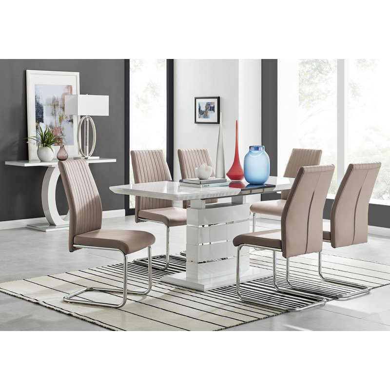 Renne Modern High Gloss Extendable Dining Table Set With 6 Upholstered Faux Leather Dining Chairs, Cappuccino