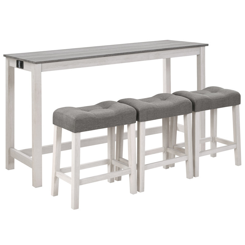 Ensemble de table de bar 4 pièces avec prise de courant, ensemble de table de bar avec chaises, table de bar avec tabourets, table de canapé avec 3 tabourets rembourrés, pour le salon, la salle à manger