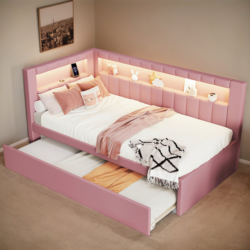 Upholstered Bed Frame With Adjustable LED Lighting, Built-In USB Charging, And Space-Saving Trundle,No Box Spring Needed