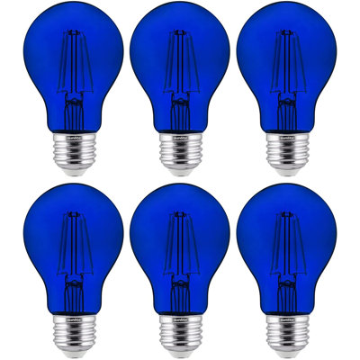 6- Pack LED Dimmable UL Listed Filament A19 Standard Colored Transparent Light Bulb, Blue Finish