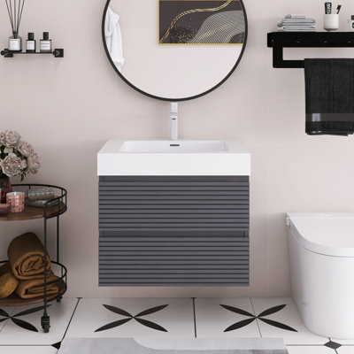 Gray Color Wall-Mounted Bathroom Vanity With Ceramic Sink 2 Drawers