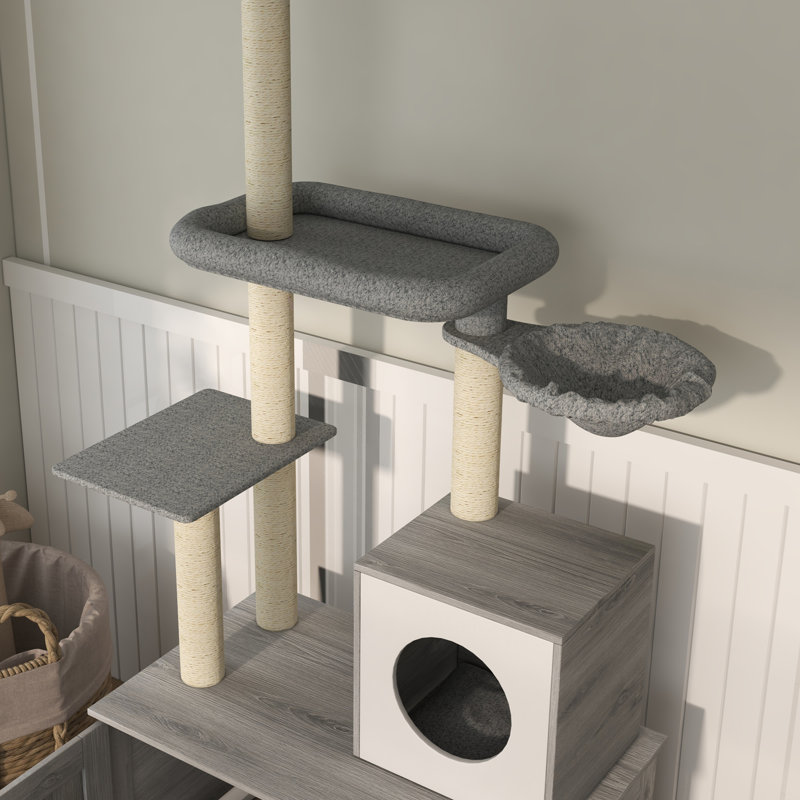 Tour à chat 2 en 1 grise avec abri pour litière PawHut - Condo, lit, hamac et poteaux à griffer