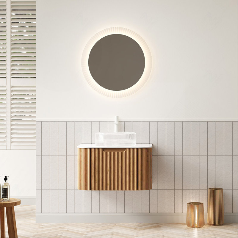 Meuble-lavabo 24 po avec lavabo, meuble de rangement mural rayé à bords arrondis avec tiroir, lavabo en verre rond transparent et comptoir, grain de bois naturel pré-assemblé