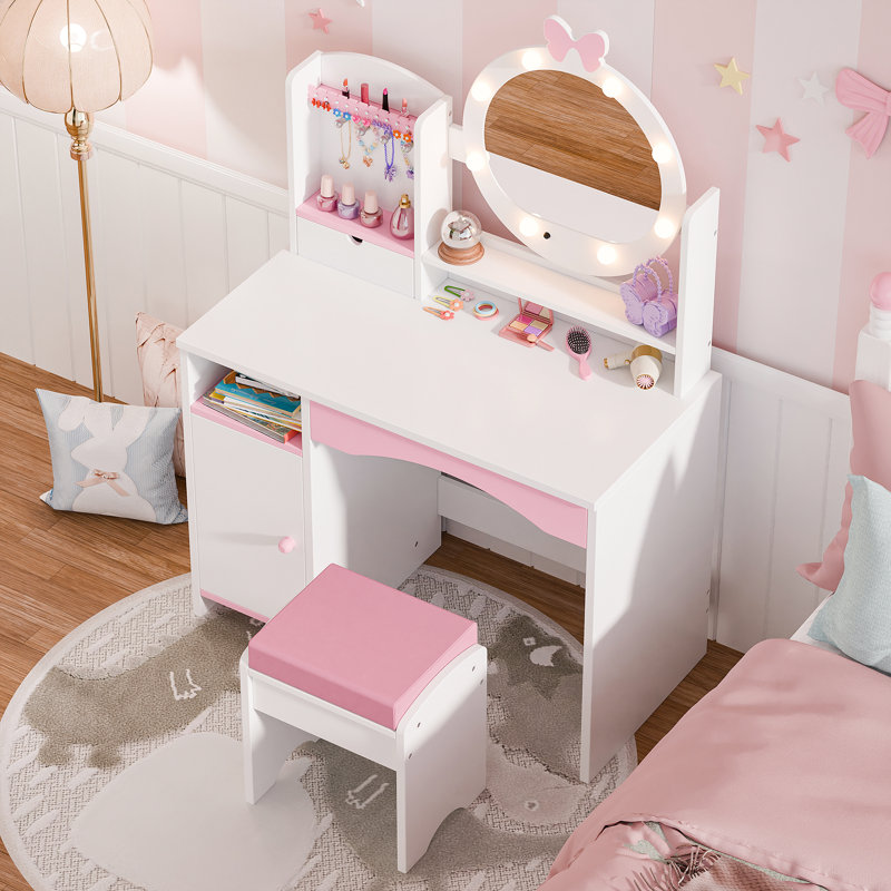 Kids Vanity Table And Chair Set – Vanity Set With Mirror, White