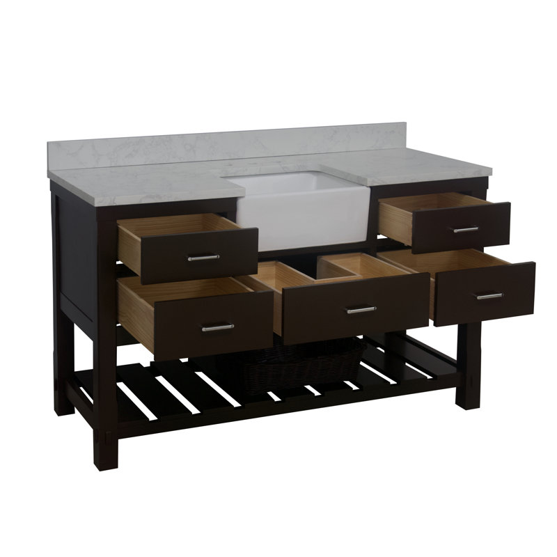 Ensemble de meuble-lavabo simple 60 po Hitton, Chocolat, Carrare d'ingénierie