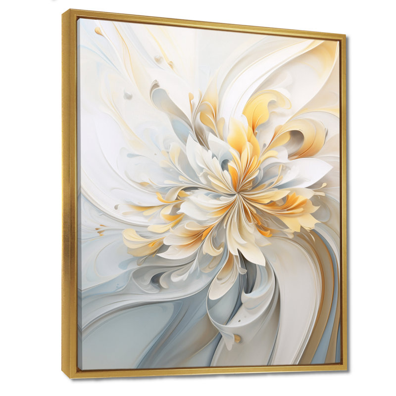«Whirling Flower Dynamics Gold and White», impression d'art floral moderne, Cadre flottant doré, H 32 po x l 16 po x P 1 po