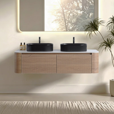 Meuble-lavabo de 60 po avec lavabo, armoire murale en chêne miel avec porte-serviettes gratuit, conception de deux lavabos en céramique à rayures ovales noires, sans drain ni robinet, pré-assemblé