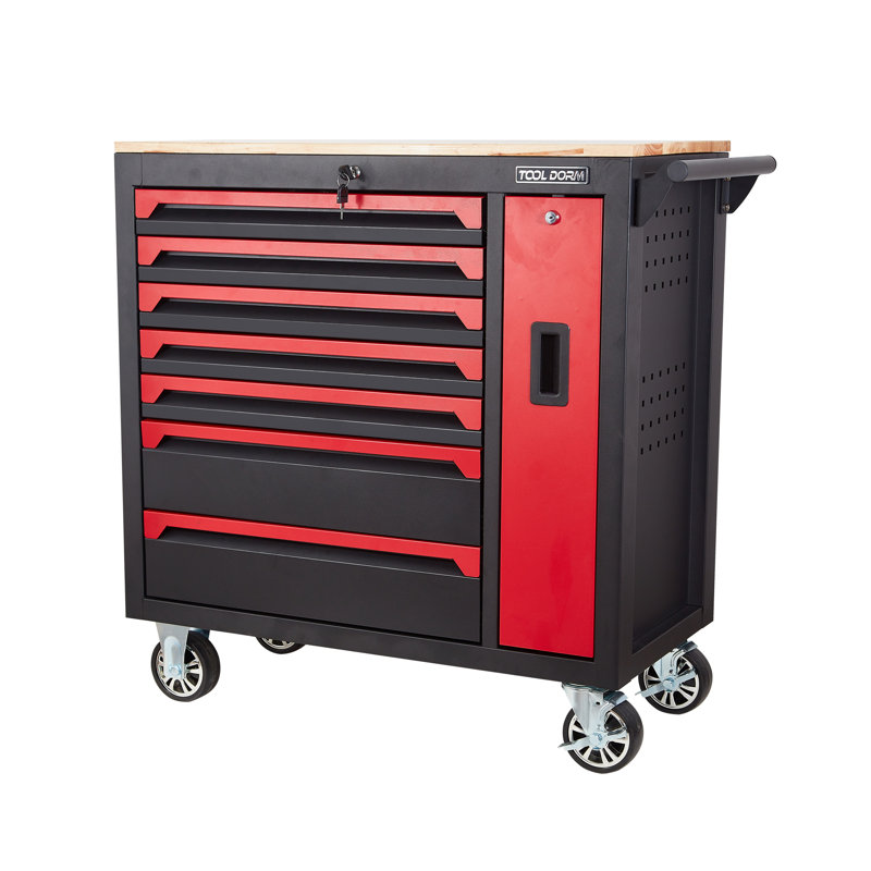 36.2-inch Rolling Large Tool Chest Cabinets 7 Horizon Drawers And 1 Vertical Side Drawer And 4 Wheels, Workbench Rubber Wooden Table, Rolling Toolbox With Drawers Locking System