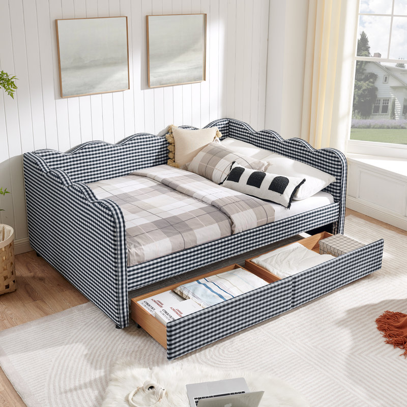 Linen Fabric Daybed with Two Drawers and USB Port, Full/Double, Navy Blue