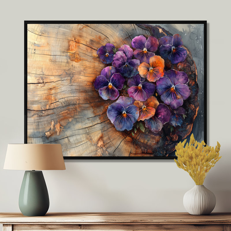 Giralt Summer Pensies Flowers on A Top of Wooden Slide III - Pansies Large, art mural, H 30 po x l 40 po, Noir