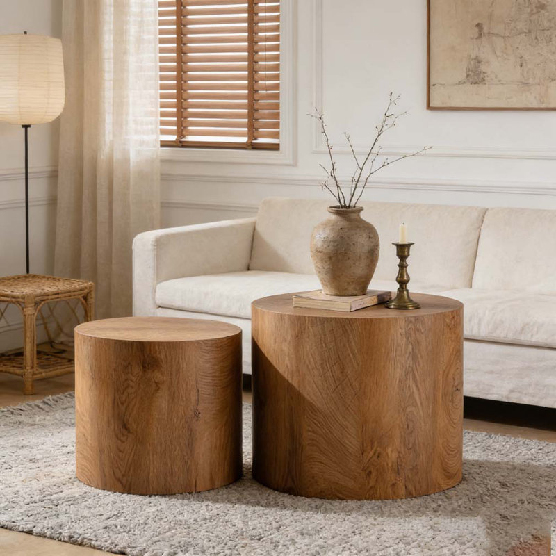2-Pieces Round Wooden Nesting Coffee Table, Brown