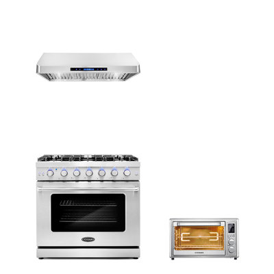 3 Piece Kitchen Appliance Package with 36"" Freestanding Gas Range 36"" Under Cabinet Range Hood & 20"" Electric Air Fryer Toaster Oven -  Cosmo, COS-3PKG-248