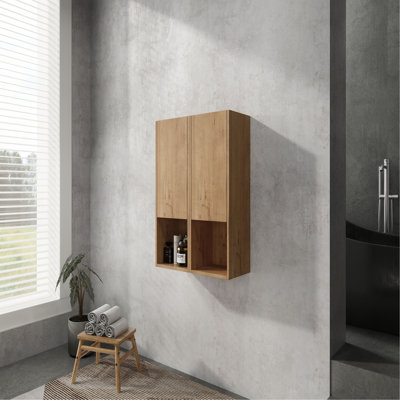 Armoire de salle de bain latérale, portes à fermeture douce, conception à fixation flottante, chêne imitation (emballage KD)