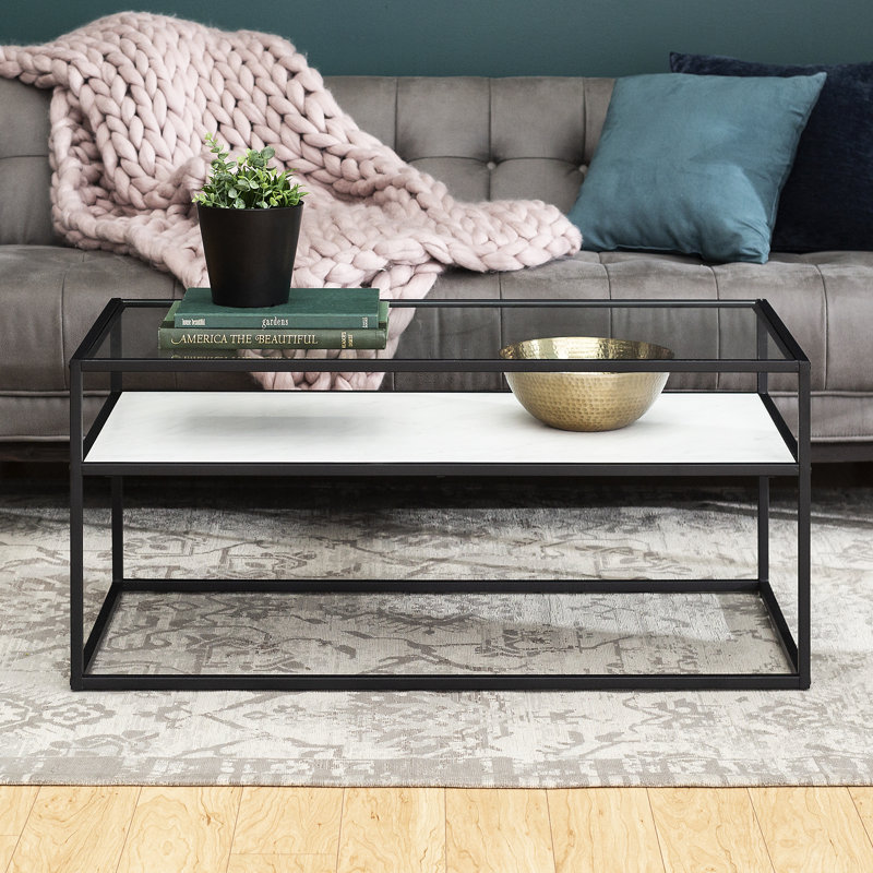 Glass Top Coffee Table, White Marble/Dark Concrete