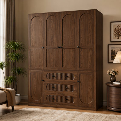 Une armoire à deux portes en bois de noyer de 72 pouces avec trois tiroirs et trois tringles de suspension, une armoire de rangement à vêtements de grande capacité pour la chambre à coucher.