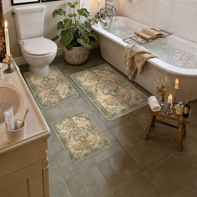 Elara Washable Cotton Velvet Bath Rug Set with Non-Slip Backing, 3 Piece