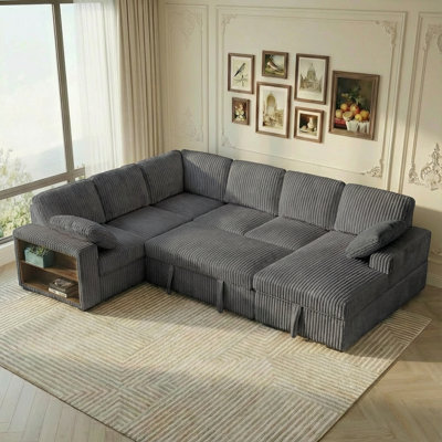 Canapé-lit modulaire en U 117 "avec chaise de rangement et bibliothèque d'appoint en velours côtelé gris foncé 117"