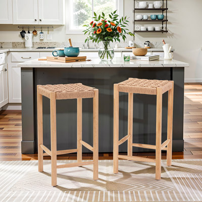 26.5" Rattan Bar Stool With Solid Wood Frame