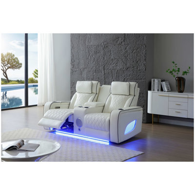 Lumin Power Reclining Loveseat with Adjustable Headrests and LED Lighting - White Faux Leather