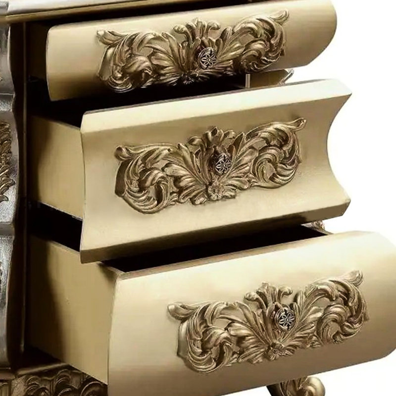 Table de chevet dorée 3 tiroirs avec rangement doublé de feutre