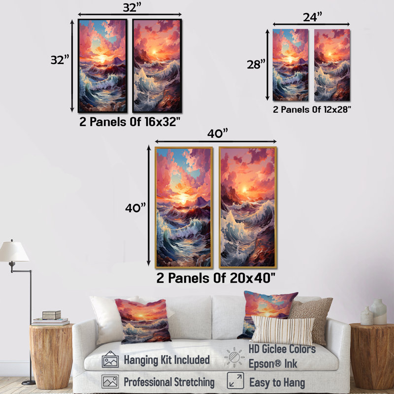 «Horizons Embrace Photorealistic Sunset I», ensemble de 2 reproductions d'art mural, Encadrement brun, H 40 po x l 41 po