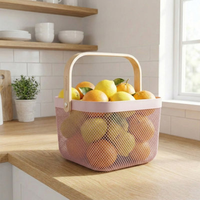  Petit panier de rangement en plastique avec poignée en bois couleur rosée