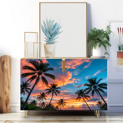 Narrow 35.4'' Wide Sideboard Buffet Cabinet - 2-Door Accent Storage Cabinet With Tropical Palm Trees Silhouetted Against Vibrant Sunset Sky Ocean Print And Metal Legs