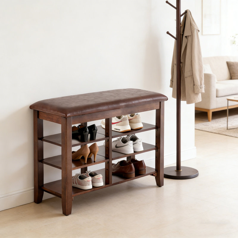 Brown Rubberwood 3-Tier Entryway Shoe Bench With Adjustable Shelves, 20.5" H x 23.8" W x 12" D