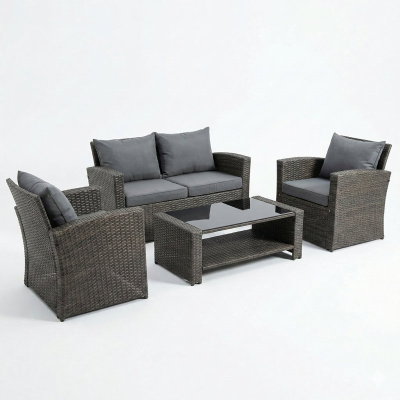 4-Person Modular Wicker Patio Furniture Set With Glass Coffee Table – All-weather Outdoor Conversation Set, Gray