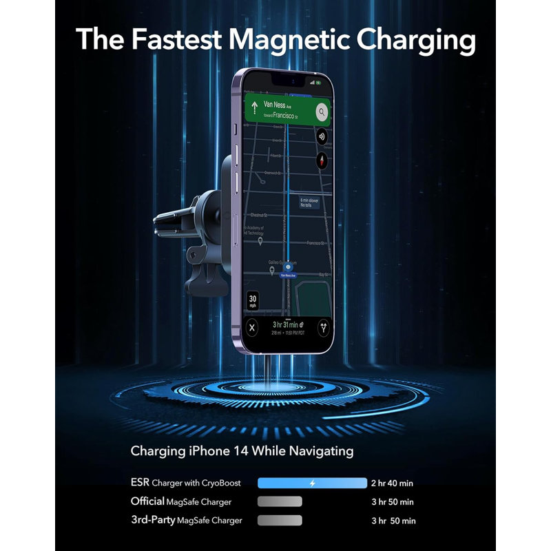 Chargeur de voiture sans fil ESO HaloLock avec onyx CryoBoost givré