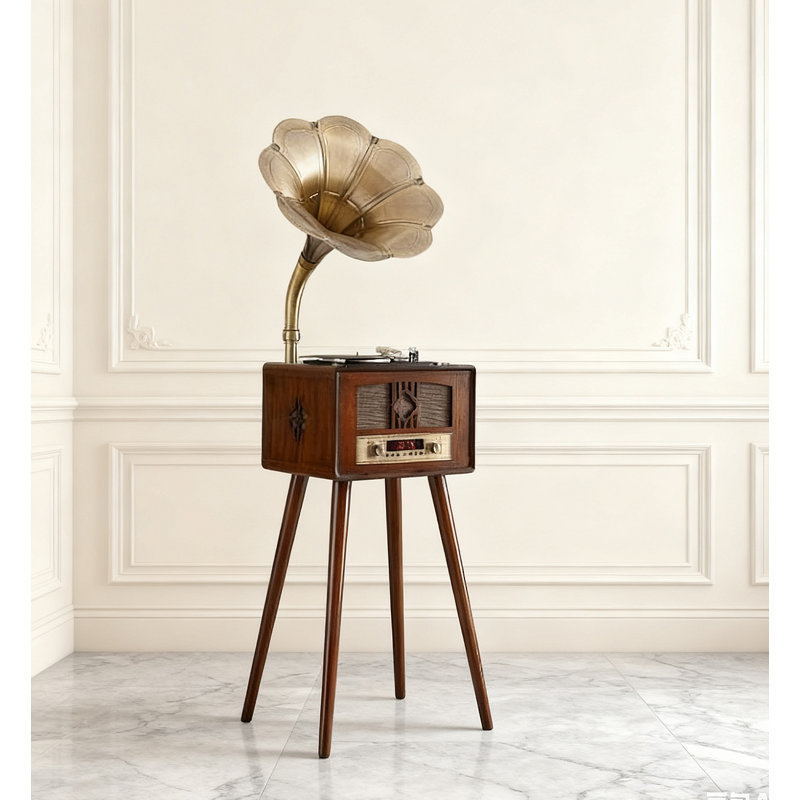 Rétro Gramophone: haut-parleur en bois massif tout-en-un, Brun / or
