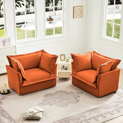 Fauteuil à housse orange à 2 places avec sièges profonds, coussins luxueux et structure en bois pour une utilisation dans la chambre à coucher en chenille respirante, housses amovibles, sièges confortables