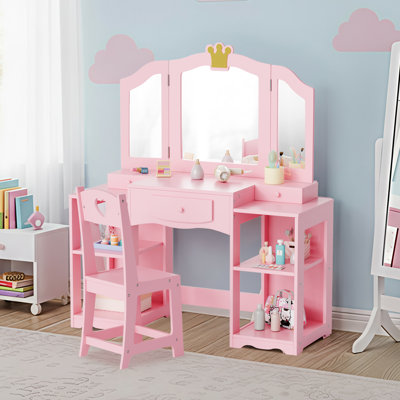 Kids Vanity Table And Chair Set, 2 In 1 Girls Vanity Storage Cabinet W/Tri-Folding Mirror by Mercer41
