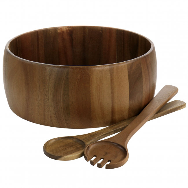 Ensemble de 3 bols à salade et cuillères en bois d'acacia brun Elite
