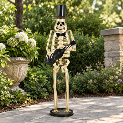 Statue de musicien squelette en métal avec guitare pour décoration d'Halloween