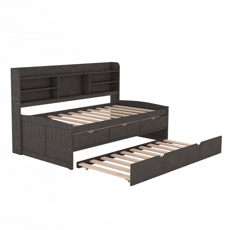 Wooden Captain Daybed Bed with Built-in Bookshelves, Twin, Antique Gray