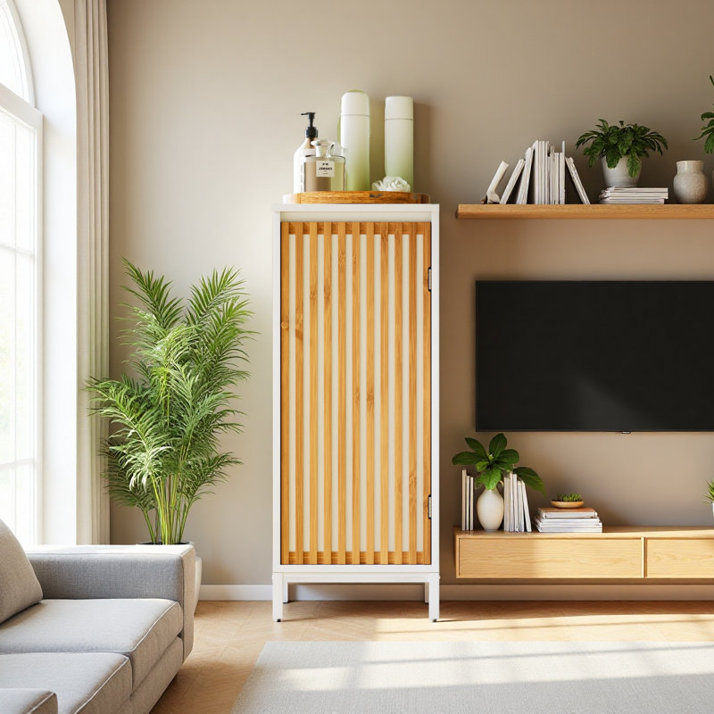 Armoire de salon avec porte à lattes en bambou